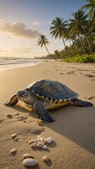 Sea turtle navigates across sandy beach, making its way towards vast ocean. Time of day early morning, late afternoon, with sun casting warm, inviting glow on scene. In distance.