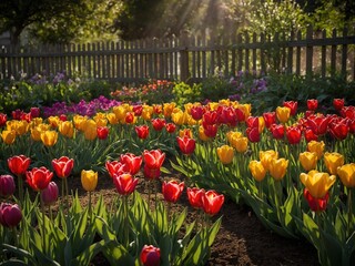 Vibrant garden comes to life under warm sunlight, showcasing rows of red, yellow tulips. Wooden fence in backdrop adds rustic charm, while dappled shadows on ground create sense of depth. Rich.