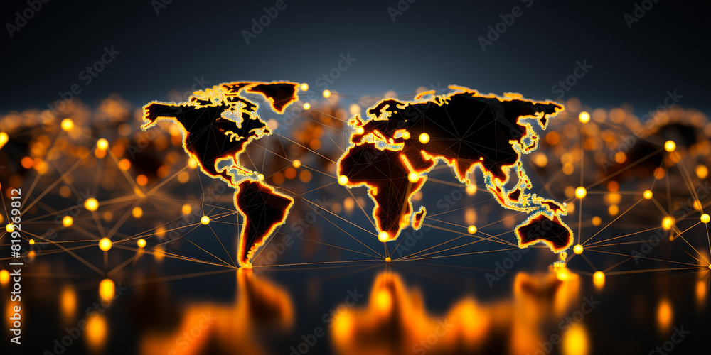Poster global network connections: abstract digital map of glowing orange mesh lines and dots forming world