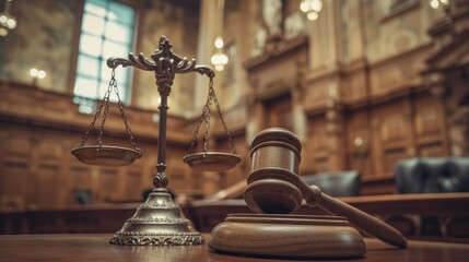 Close-up of a gavel and scales of justice on a courtroom table, symbolizing law, justice, and legal proceedings in a formal setting.