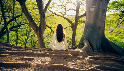 Woman Meditating in Forest Surrounded by Trees and Sunlight