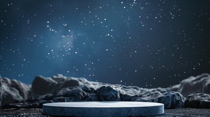 The stunning view of the moon's surface with a blue glowing platform in the foreground, perfect for showcasing your products or services in a unique and captivating way.