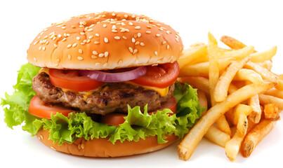 Delicious Cheeseburger with Lettuce and Tomato Served With Fries