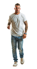 Naklejka premium Isolated walking handsome young man wearing blue jeans and white t-shirt, png,cutout on transparent background, ready for architectural visualisation