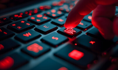 Obraz premium Close-Up of Finger Pressing a Shopping Cart Key on a Backlit Keyboard