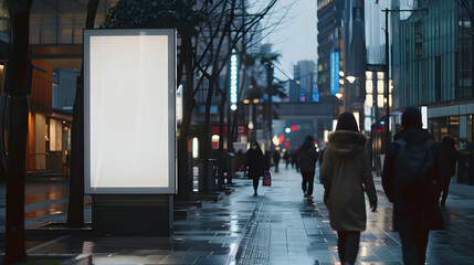 Mockup. Blank white vertical advertising banner billboard stand on the sidewalk at night...