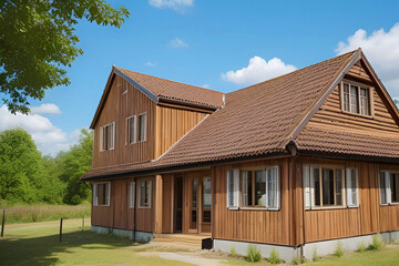 Fototapeta premium Brown and Beige Wooden House Under Blue Sky. Ai Generated