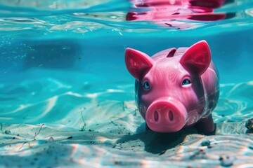 Pink piggy bank sinks underwater, drowning to the bottom of sea water