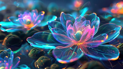 An abstract garden of neon flowers blooming in a digital oasis, their petals shimmering with iridescent light.