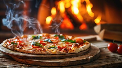  Pizza on a wooden board in front of the fireplace