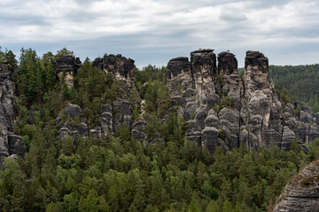 A mountain range with a forest in the foreground. The trees are green and the sky is cloudy