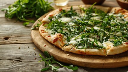 Pizza rucola on a wooden plate.
