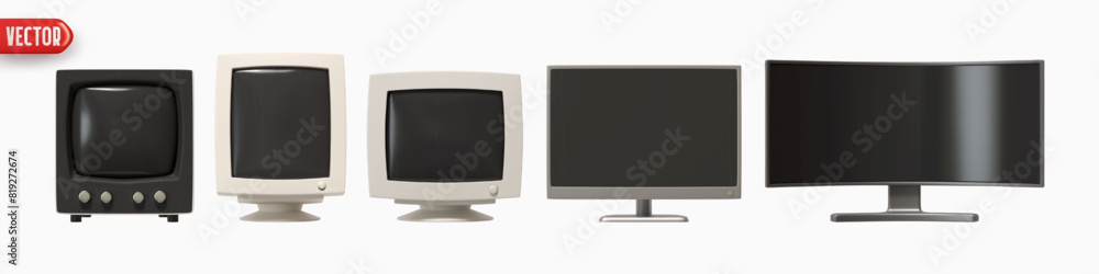 Poster computer monitor style model from vintage 80s 90s, y2k to modern screen. set of realistic 3d renderi