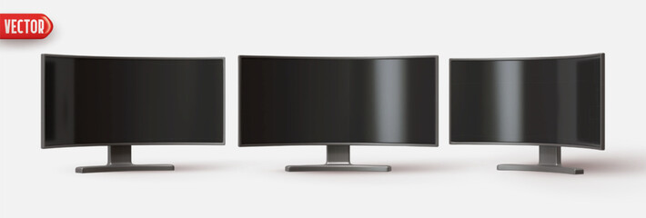 Computer monitor style model modern curved screen. Set of realistic 3d rendering desktop monitor icons. Technology retro objects isolated on white background. Vector illustration