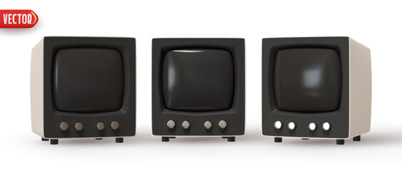 Computer monitor style model 80s. Set of realistic 3d rendering desktop monitor icons. Technology retro objects isolated on white background. Vector illustration