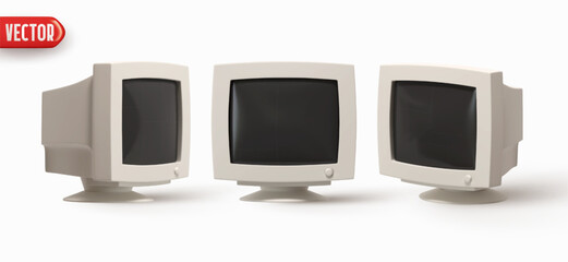 Computer monitor style model y2k. Set of realistic 3d rendering desktop monitor icons. Technology retro objects isolated on white background. Vector illustration
