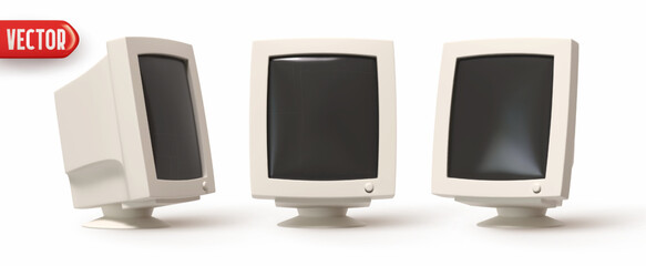 Computer monitor style model 90s. Set of realistic 3d rendering desktop monitor icons. Technology retro objects isolated on white background. Vector illustration