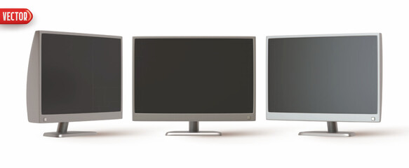 Computer monitor style model y2k. Set of realistic 3d rendering desktop monitor icons. Technology retro objects isolated on white background. Vector illustration