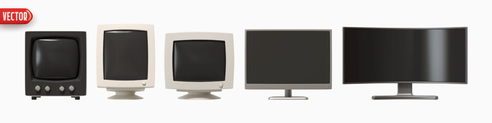 Computer monitor style model from vintage 80s 90s, y2k to modern screen. Set of realistic 3d rendering desktop monitor icons. Technology retro objects isolated on white background. Vector illustration
