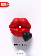 Red lips and black heart. Minimal poster and romantic banner. Realistic 3d style design. Isolated on white background. Vector illustration