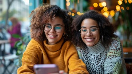 Fototapeta premium Two Friends Smiling and Looking at Smartphone in Cozy Café 