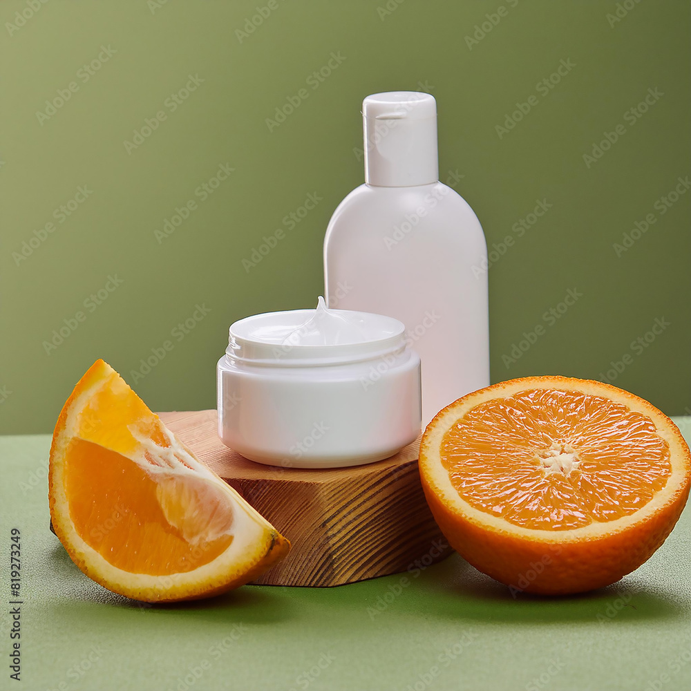 Wall mural Creative fashion concept image of cosmetics makeup beauty products lotion cream bottle with fruits and leaves with swatches smears oranges..