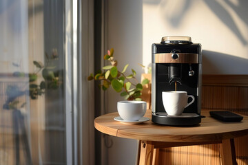 Cozy home coffee machine on wooden table with sunlit plant.