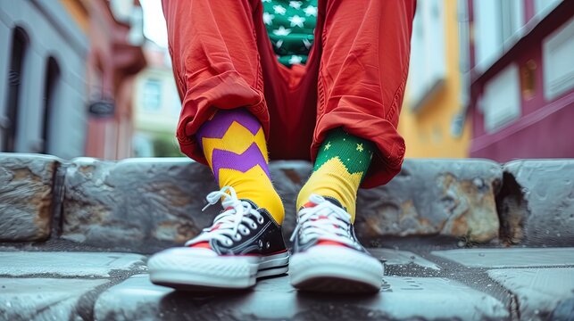 Person wearing mismatched colorful socks with zigzag and star patterns, and black sneakers, sitting on stone steps. Close-up urban fashion photography. Street style concept.