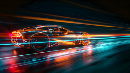 Modern futuristic car in movement. Cars lights on the road at night time. Timelapse, hyperlapse of...