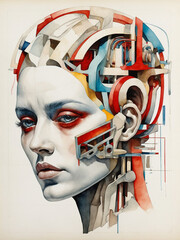 Concept art, artbook, anatomy of female head, pen and watercolor illustration, cubistic style