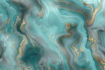 Obraz premium : An eye-catching 3D abstract marble with a dominant turquoise background, featuring dynamic swirls of gold and gray