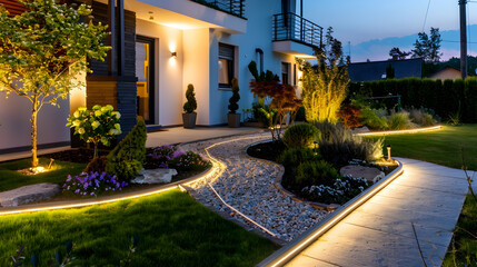 Modern gardening landscaping design details. Illuminated pathway in front of residential house....