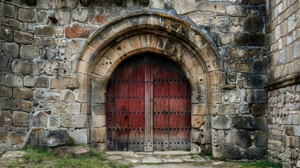 Fototapeta na wymiar Ancient gated arched doorway with red and grey stone on medieval building