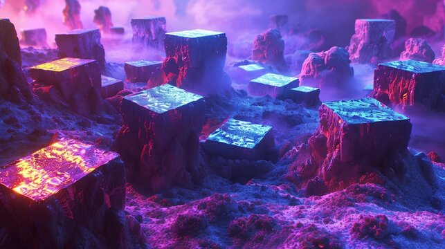 An alien landscape of square rock formations jutting from the ground, their surfaces aglow with pulsating neon hues.