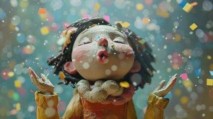 Fototapeta premium Plasticine character. Little girl blowing on confetti.