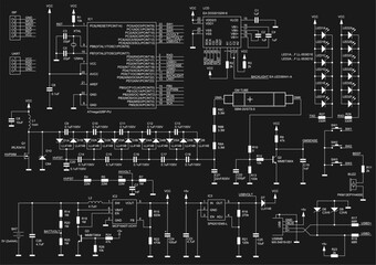 Schematic diagram of electronic device.
Vector drawing electrical circuit with 
micro controller, integrated circuit, 
led, diode, usb, transistor, power supply, inductor,
resistor, capacitor.