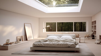 A serene and minimalist bedroom with a white color scheme, a floating bed frame, and a large skylight for stargazing.