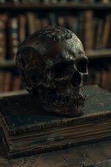 Decayed Skull on Antique Books in Library
