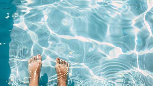 Serene woman dipping her toes into the clear, blue water of a pool