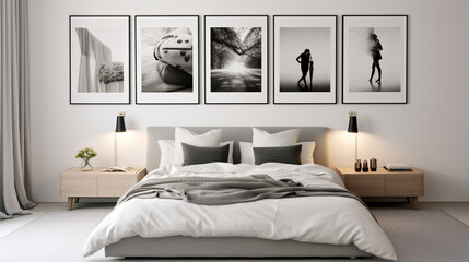 A serene bedroom with a sleek gray bed frame, adorned with a cozy textured duvet and a gallery wall...
