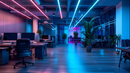 Modern interior of open office or co-working space with wooden desks, ergonomic chairs and soundproof partitions, illuminated by soft blue lighting PHOTOGRAPHY


 - Powered by Adobe