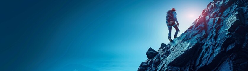 Fototapeta premium A lone climber scaling a holographic peak, representing ambition and determination, colorful and minimal, with text space.