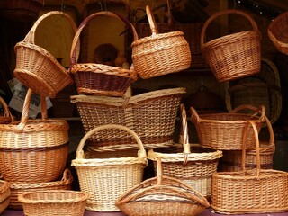 Empty wicker picnic basket on white background Empty wicker picnic basket on white background