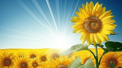   A beautiful depiction of a sunflower surrounded by a sea of its kin against a backdrop of brilliant blue sky