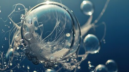    a blue background with a water droplet in focus, surrounded by bubbles and water drops below