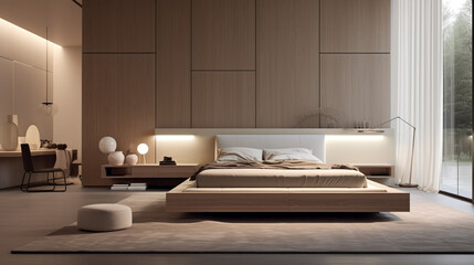 A sleek and minimalist bedroom with a platform bed, a built-in storage wall, and a large floor-to-ceiling mirror.
