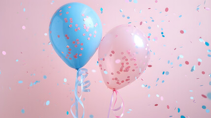 Confetti and ribbons pastel blue and pastel pink balloon