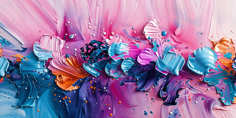 Wallpaper Background Vibrant Abstract Dynamic Symphony of Textured, Blue, Orange, Purple, and Pink Oil Paint Strokes and Splashes. Generative AI Image.