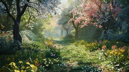  A lush forest trail filled with vibrant flowers and trees