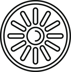 Black and white line art icon of a gear or cogwheel for industrial and mechanical design use